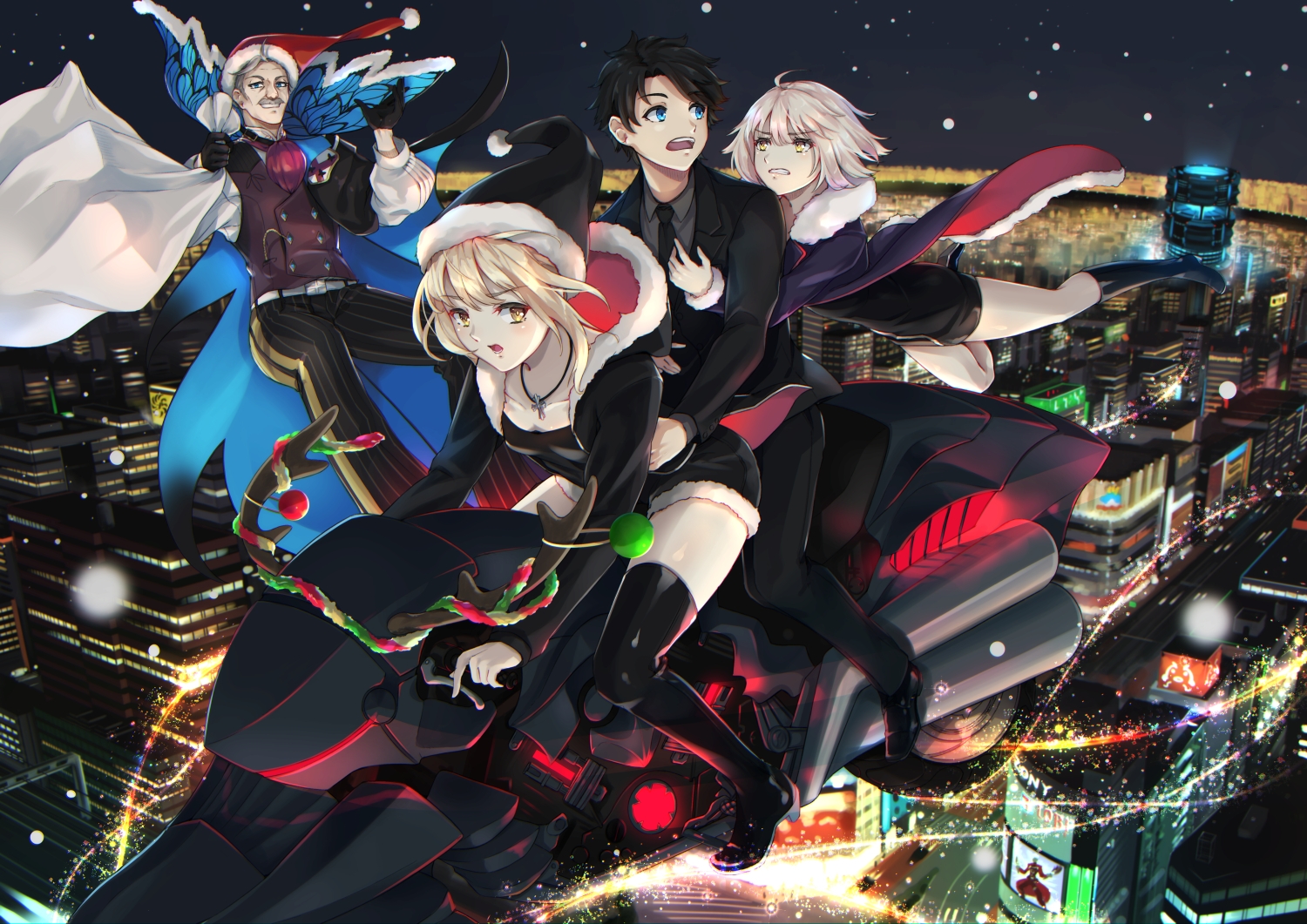 aqua_eyes, artoria_pendragon_(all), black_hair, blonde_hair, boots, building, christmas, city