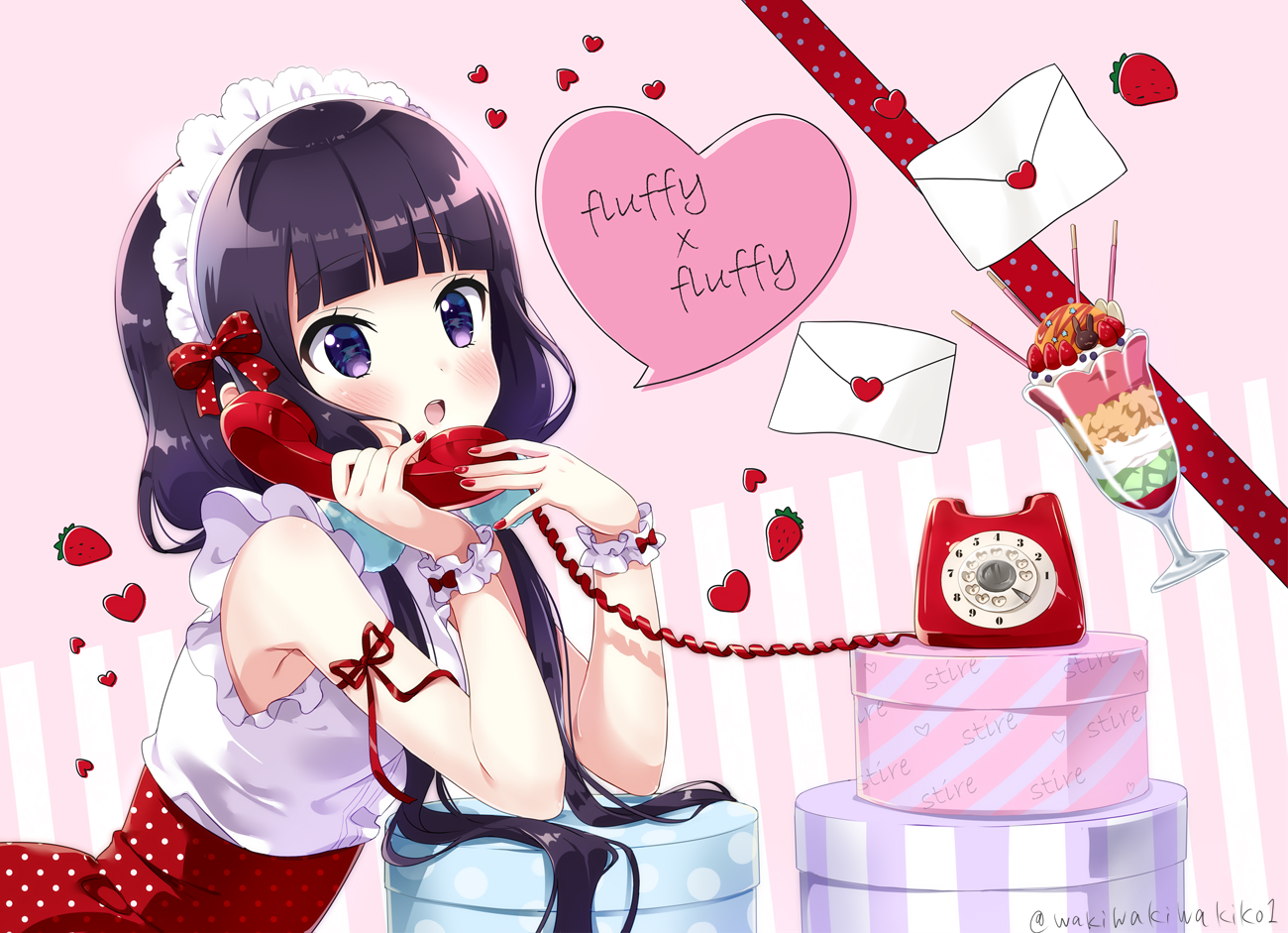 black_hair, blend_s, blush, food, fruit, long_hair, neki_(wakiko), purple_eyes