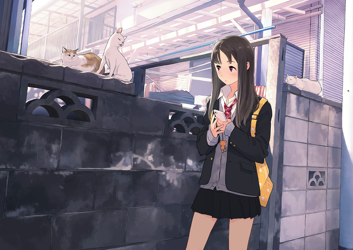 animal, black_hair, building, cat, jpeg_artifacts, long_hair, morifumi, original