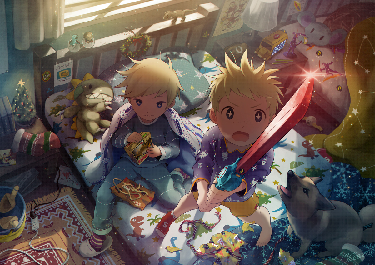 all_male, animal, bandaid, barefoot, bed, blonde_hair, blue_eyes, book