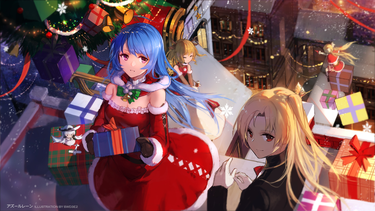 aircraft, animal_ears, anthropomorphism, azur_lane, bell, blonde_hair, blue_hair, building, chibi, city, cleveland_(azur_lane), elbow_gloves, eldridge_(azur_lane), gloves, gridley_(azur_lane), group, hat, helena_(azur_lane), horns, illustrious_(azur_lane), loli, long_hair, orange_eyes, pink_eyes, santa_costume, santa_hat, skirt, snow, swd3e2, tree, twintails, watermark, white_hair