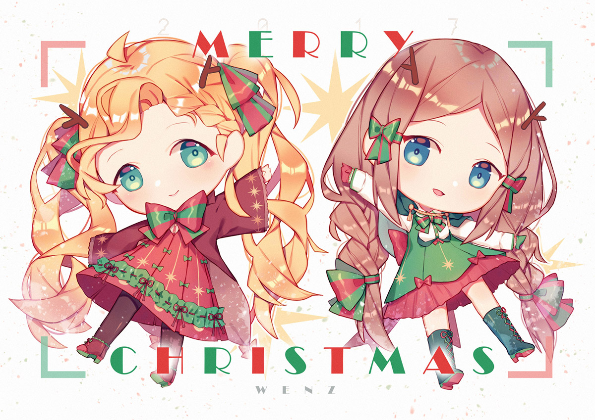 2girls, blonde_hair, blue_eyes, boots, bow, braids, brown_hair, chibi