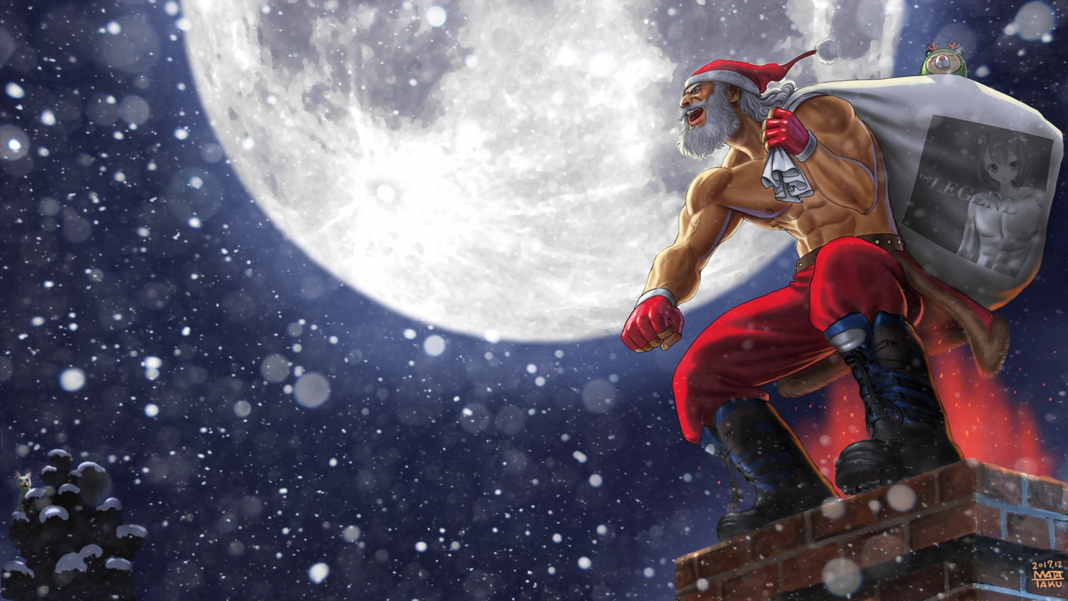 animal, cat, christmas, fire, gloves, hat, male, moon, night, original, parody, santa_claus, santa_costume, santa_hat, shirakawa_kona, shunku, snow, third-party_edit