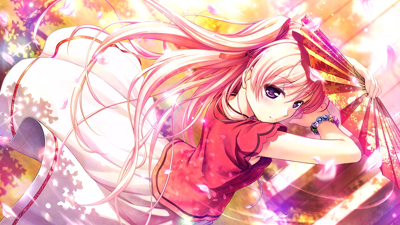 august, bekkankou, fan, game_cg, long_hair, miyaguni_akari, petals, purple_eyes, sen_no_hatou_tsukisome_no_kouki, skirt, wristwear