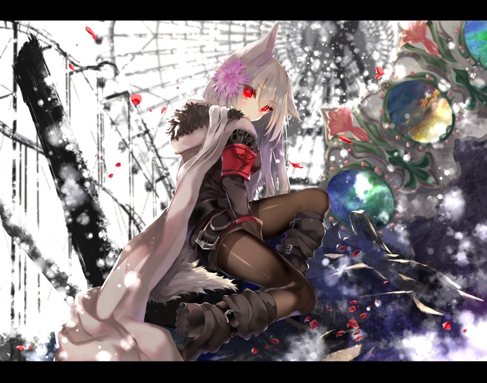 animal_ears, boots, cape, flowers, gloves, gray_hair, long_hair, nekoboshi_sakko
