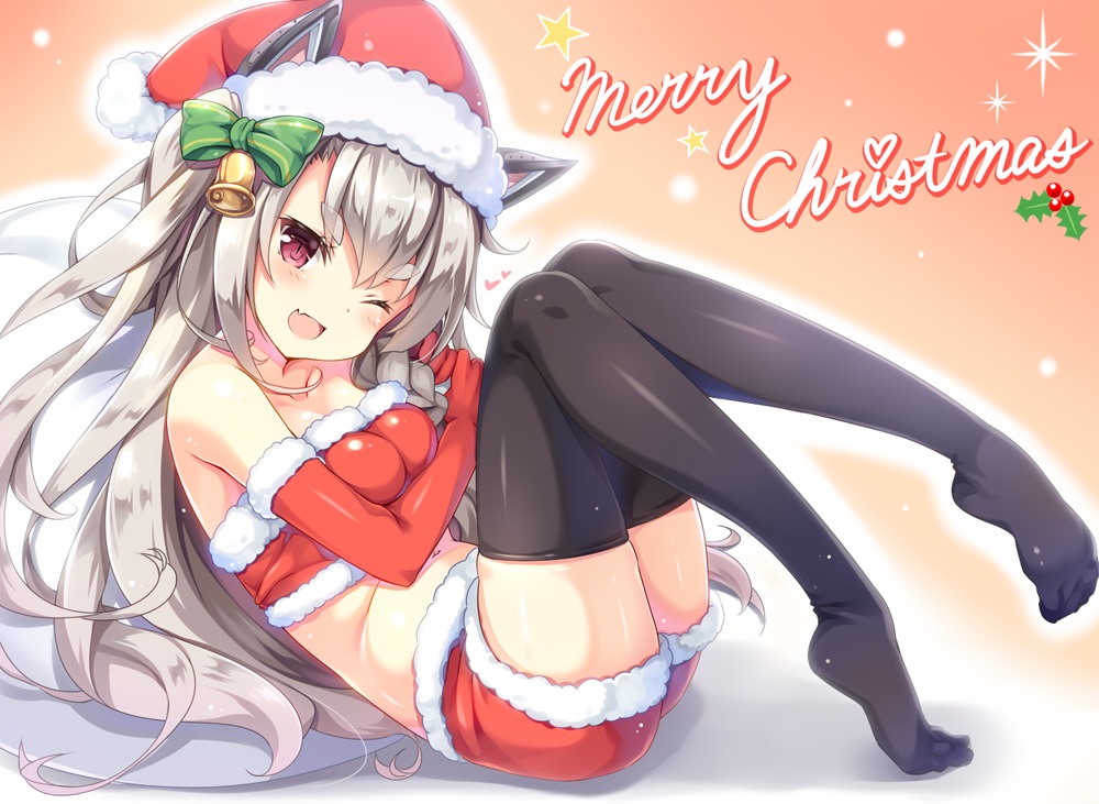 animal_ears, anthropomorphism, azur_lane, bell, bow, braids, breasts, christmas