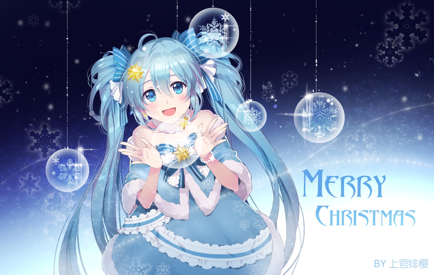 aqua_eyes, aqua_hair, bow, christmas, dress, hatsune_miku, long_hair, shangguan_feiying