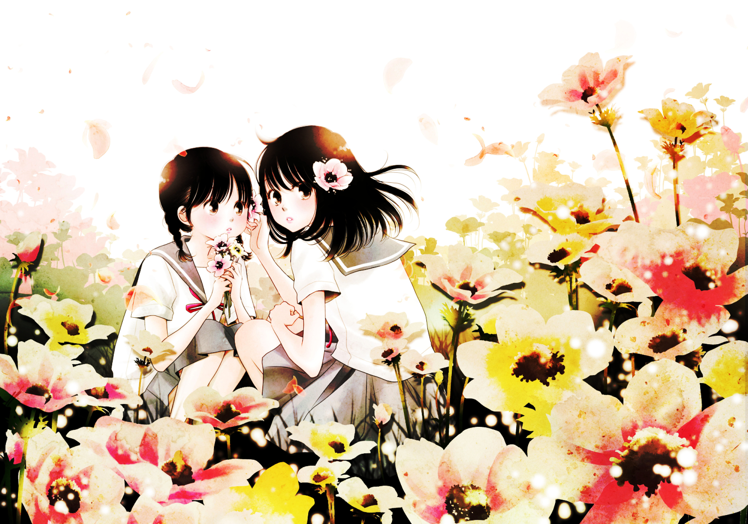 2girls, black_eyes, black_hair, bow, braids, flowers, long_hair, original, school_uniform, shoujo_ai, skirt, twintails, yorita_miyuki