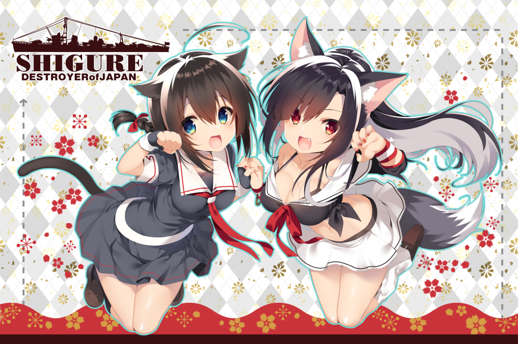 2girls, animal_ears, anthropomorphism, azur_lane, blue_eyes, braids, breasts, brown_hair