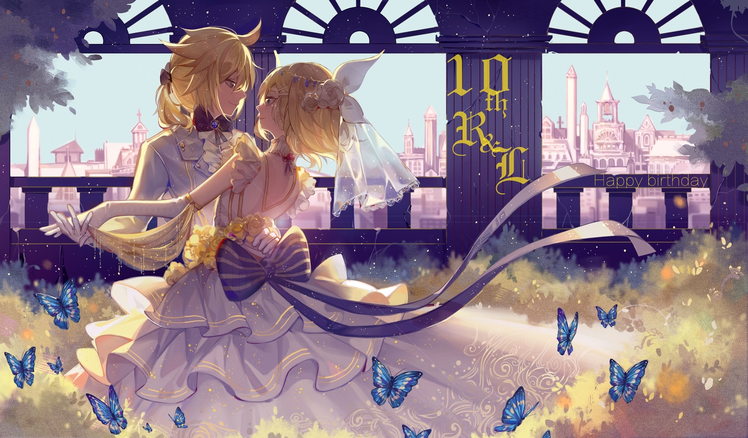 bow, building, butterfly, city, dress, kagamine_len, kagamine_rin, longyu