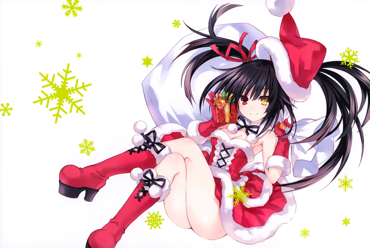 bicolored_eyes, black_hair, boots, breasts, christmas, cleavage, date_a_live, dress