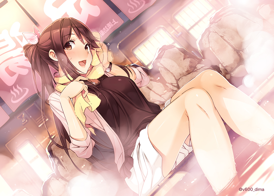 blush, brown_eyes, brown_hair, iida_nana, long_hair, ponytail, rail_wars!, towel