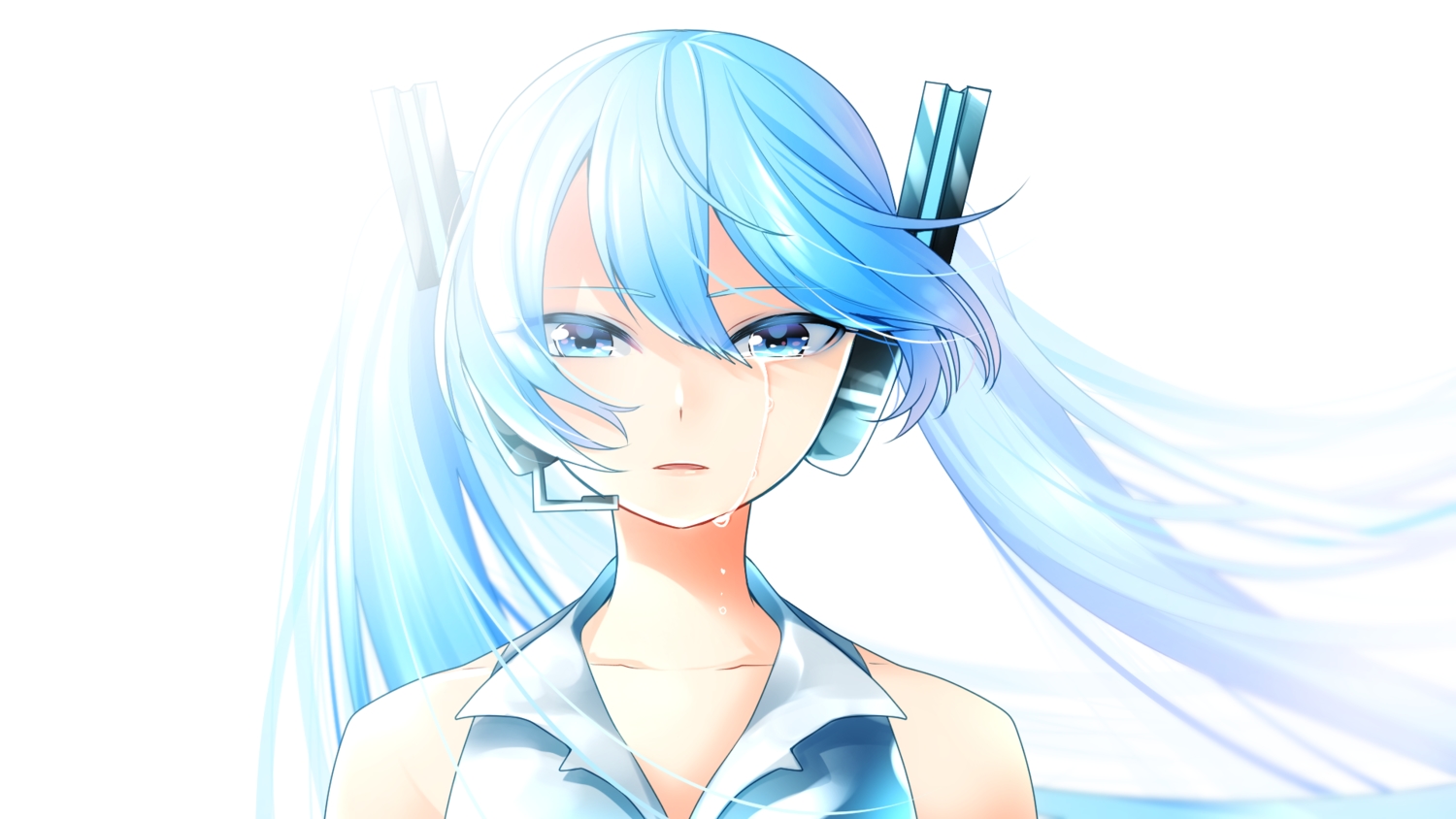 aqua_eyes, aqua_hair, close, crying, hatsune_miku, headphones, long_hair, masumofu, microphone, tears, twintails, vocaloid, white