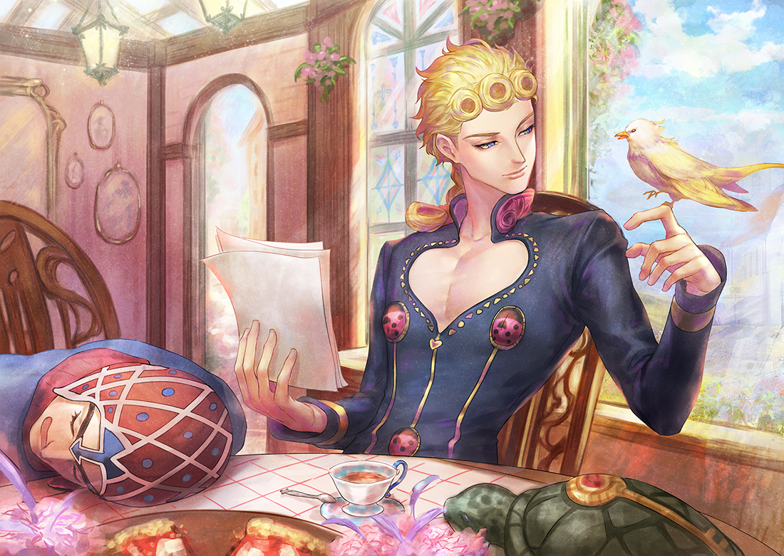 all_male, animal, aqua_eyes, bird, blonde_hair, drink, food, giorno_giovanna