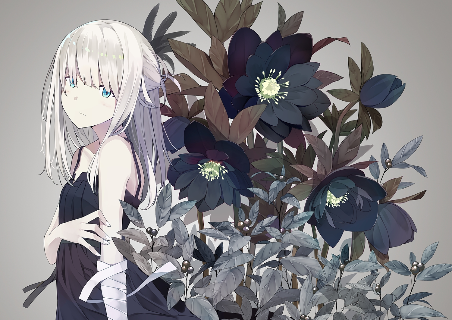 aqua_eyes, ashima_(roro046), bandage, dress, flowers, long_hair, original, white_hair