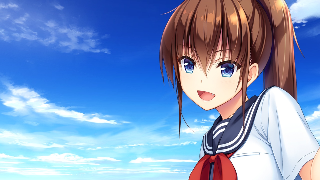 aqua_eyes, asami_asami, blush, brown_hair, close, clouds, fang, game_cg