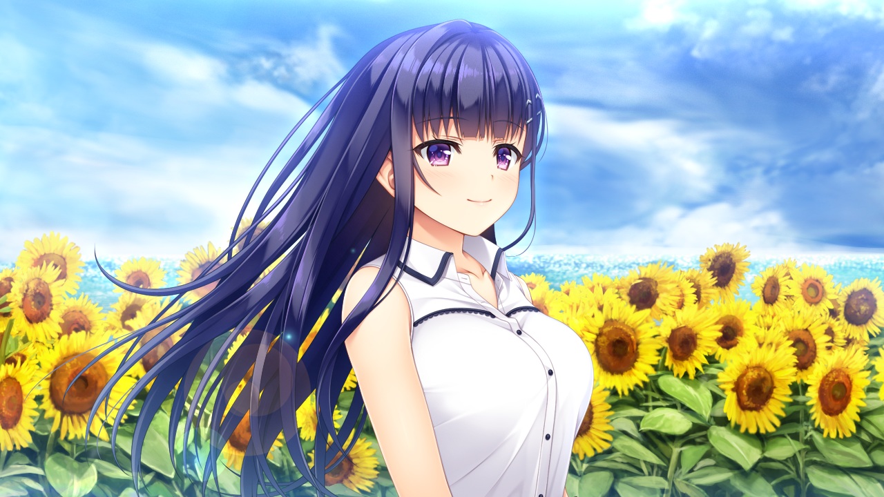 asami_asami, blue_hair, blush, clouds, flowers, fujisaki_haruka, game_cg, hibiki_works