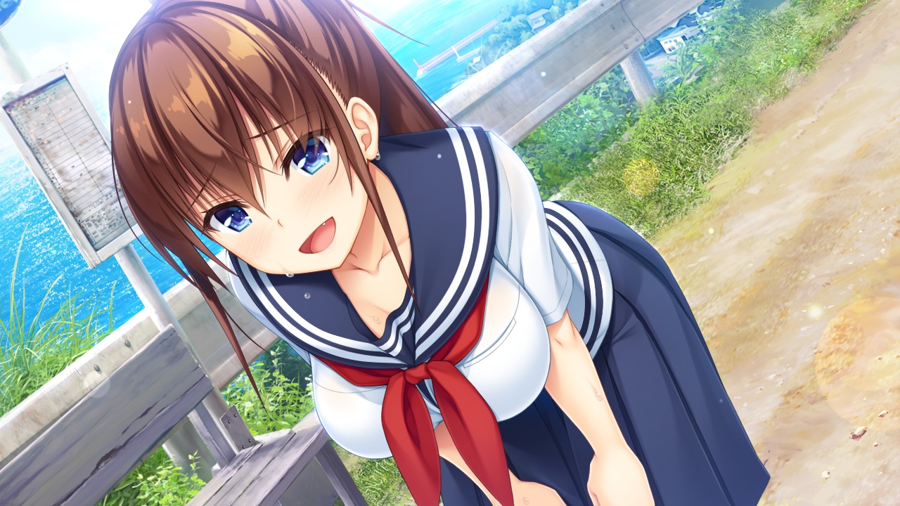aqua_eyes, asami_asami, blush, brown_hair, fang, game_cg, grass, hibiki_works
