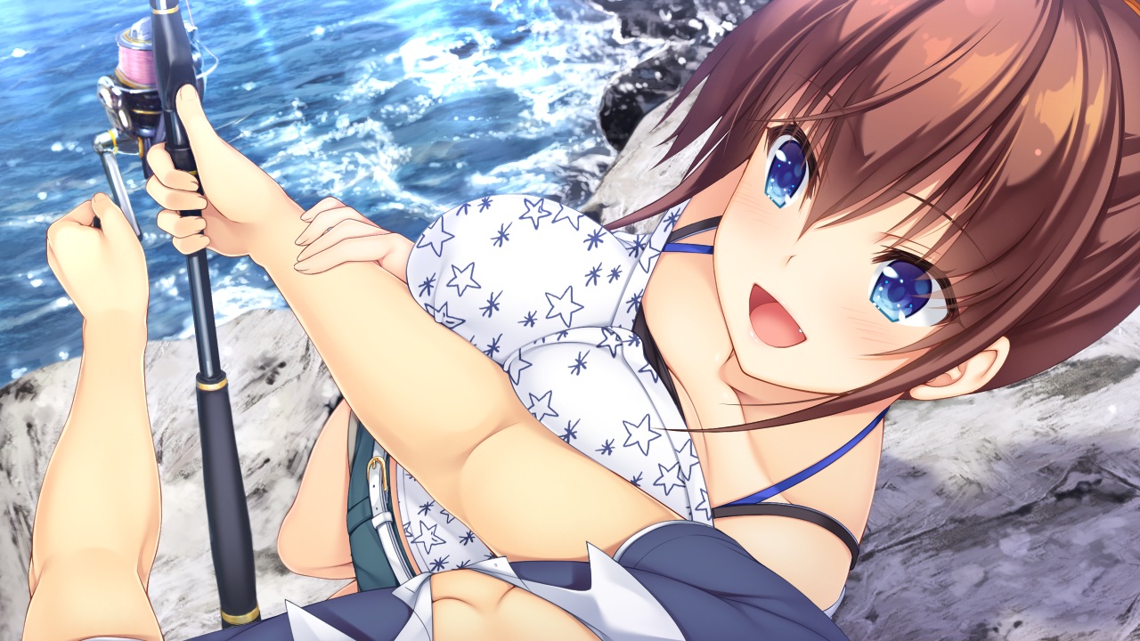 aqua_eyes, asami_asami, blush, breasts, brown_hair, fang, game_cg, hibiki_works
