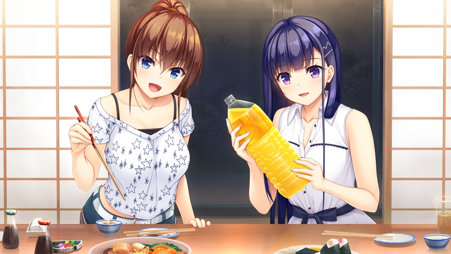 2girls, aqua_eyes, asami_asami, blue_hair, blush, brown_hair, drink, fang