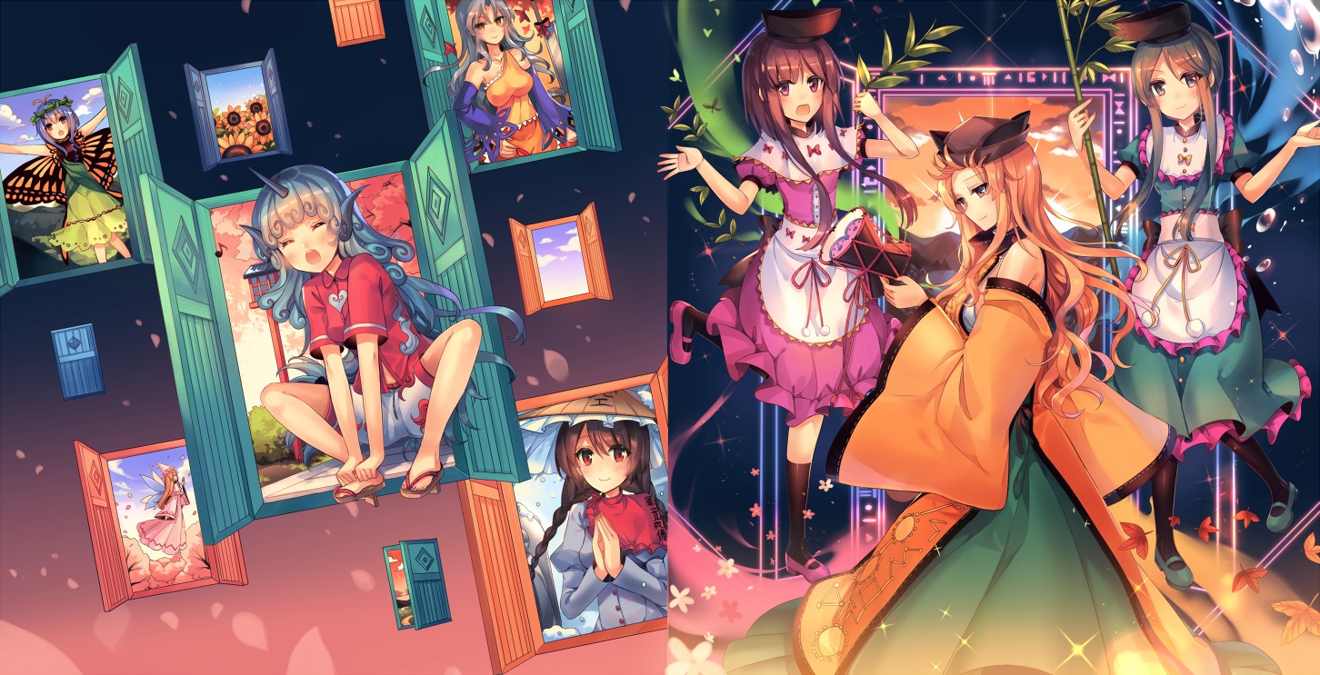 apron, aqua_eyes, aqua_hair, brown_eyes, brown_hair, eternity_larva, group, hat