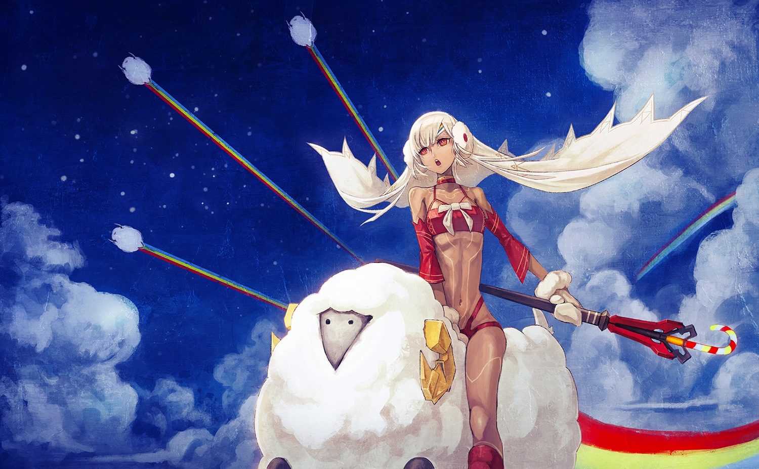 a-er_(akkij0358), attila_(fate/grand_order), blonde_hair, christmas, clouds, fate/grand_order, fate_(series), long_hair, rainbow, red_eyes, sky