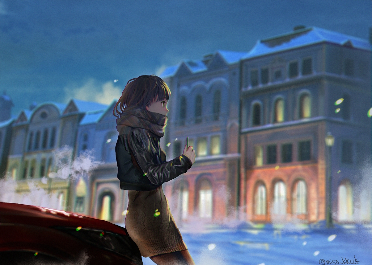 brown_hair, building, car, city, dress, miso_katsu, night, original