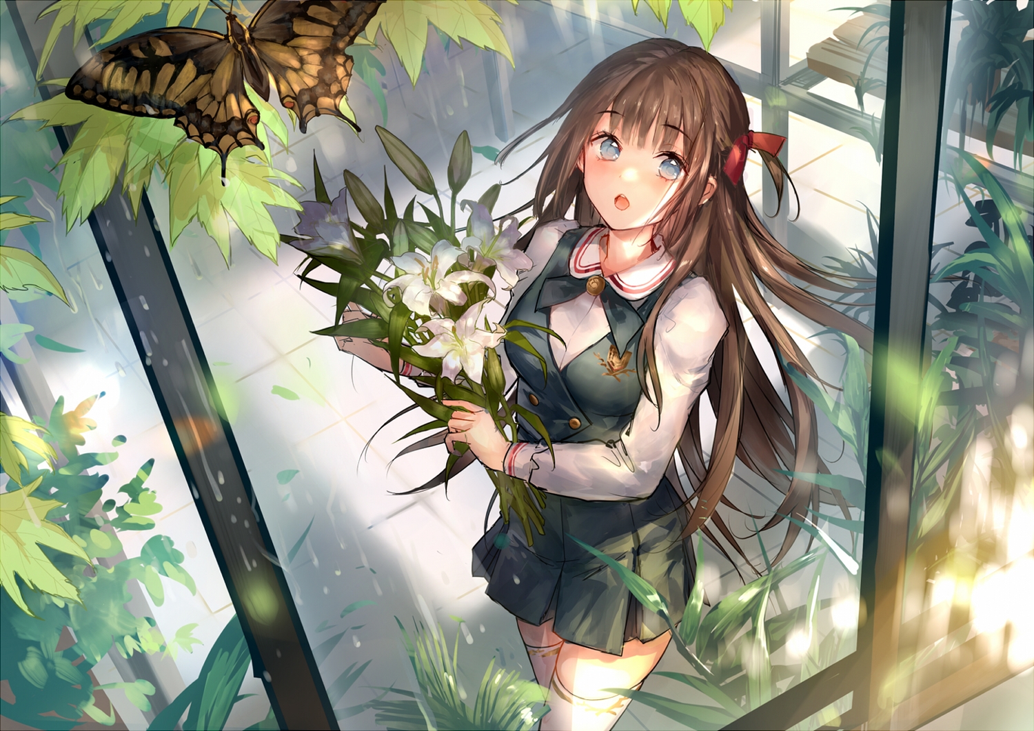 aqua_eyes, brown_hair, butterfly, flowers, liiko, long_hair, original, school_uniform, thighhighs