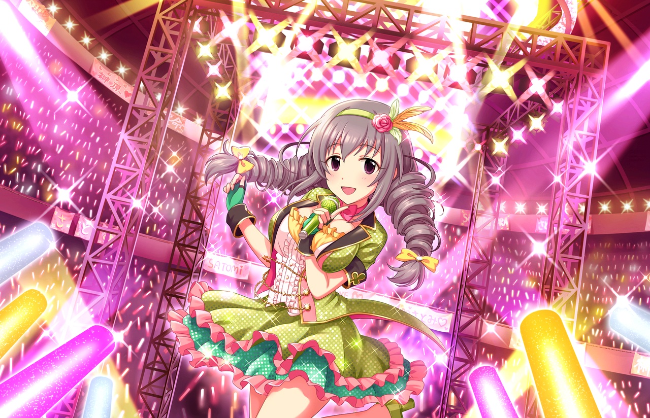 annin_doufu, bow, breast_hold, breasts, choker, dress, gloves, gray_hair, headband, idolmaster, idolmaster_cinderella_girls, idolmaster_cinderella_girls_starlight_stage, long_hair, microphone, purple_eyes, sakakibara_satomi, twintails