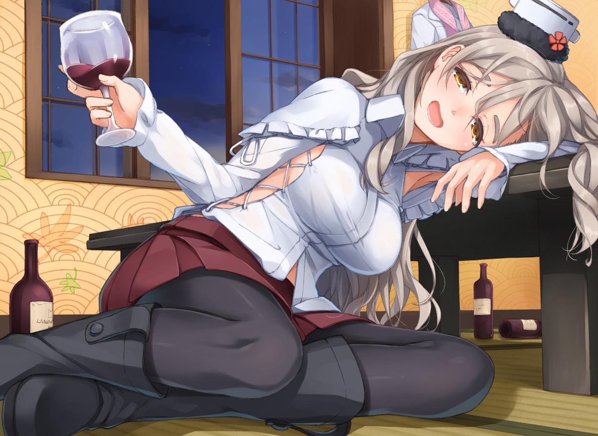 anthropomorphism, boots, breasts, drink, gray_hair, hat, hazuki_akaoto, kantai_collection