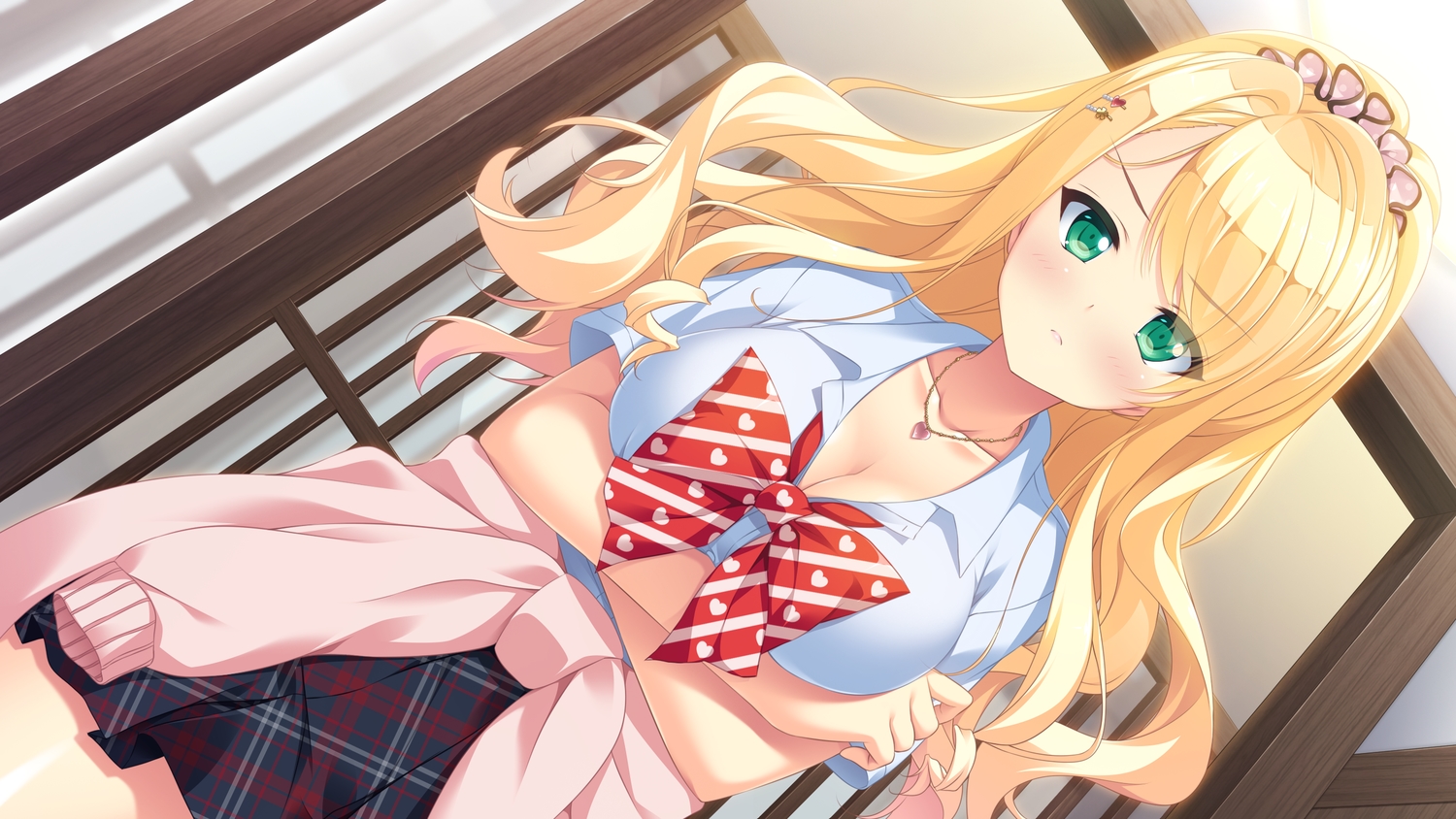 blonde_hair, blush, bow, breast_hold, breasts, cleavage, game_cg, green_eyes