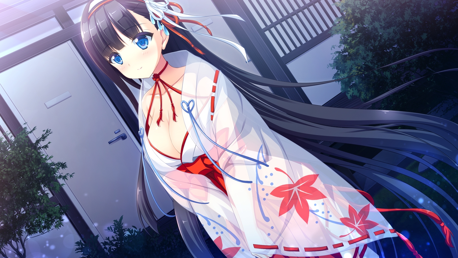 black_hair, blue_eyes, blush, breasts, game_cg, japanese_clothes, kamiki_inori, long_hair, lovekami_-useless_goddess-, miko, mizuno_sao, no_bra, pulltop