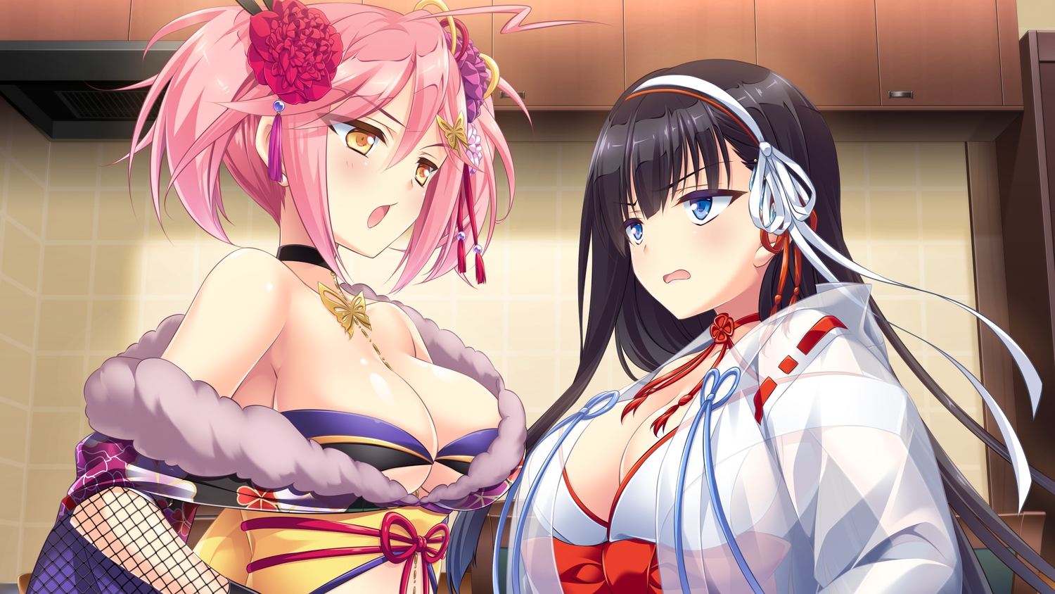 2girls, black_hair, blue_eyes, blush, breasts, flowers, game_cg, japanese_clothes