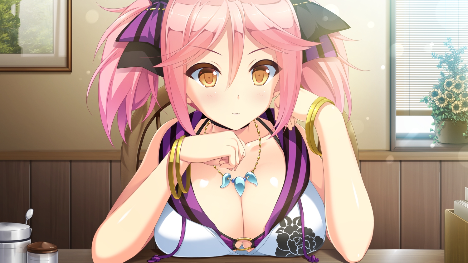 bikini, blush, breasts, game_cg, lovekami_-useless_goddess-, mizuno_sao, necklace, pink_hair, pulltop, short_hair, swimsuit, tsubaki_akane, twintails, yellow_eyes