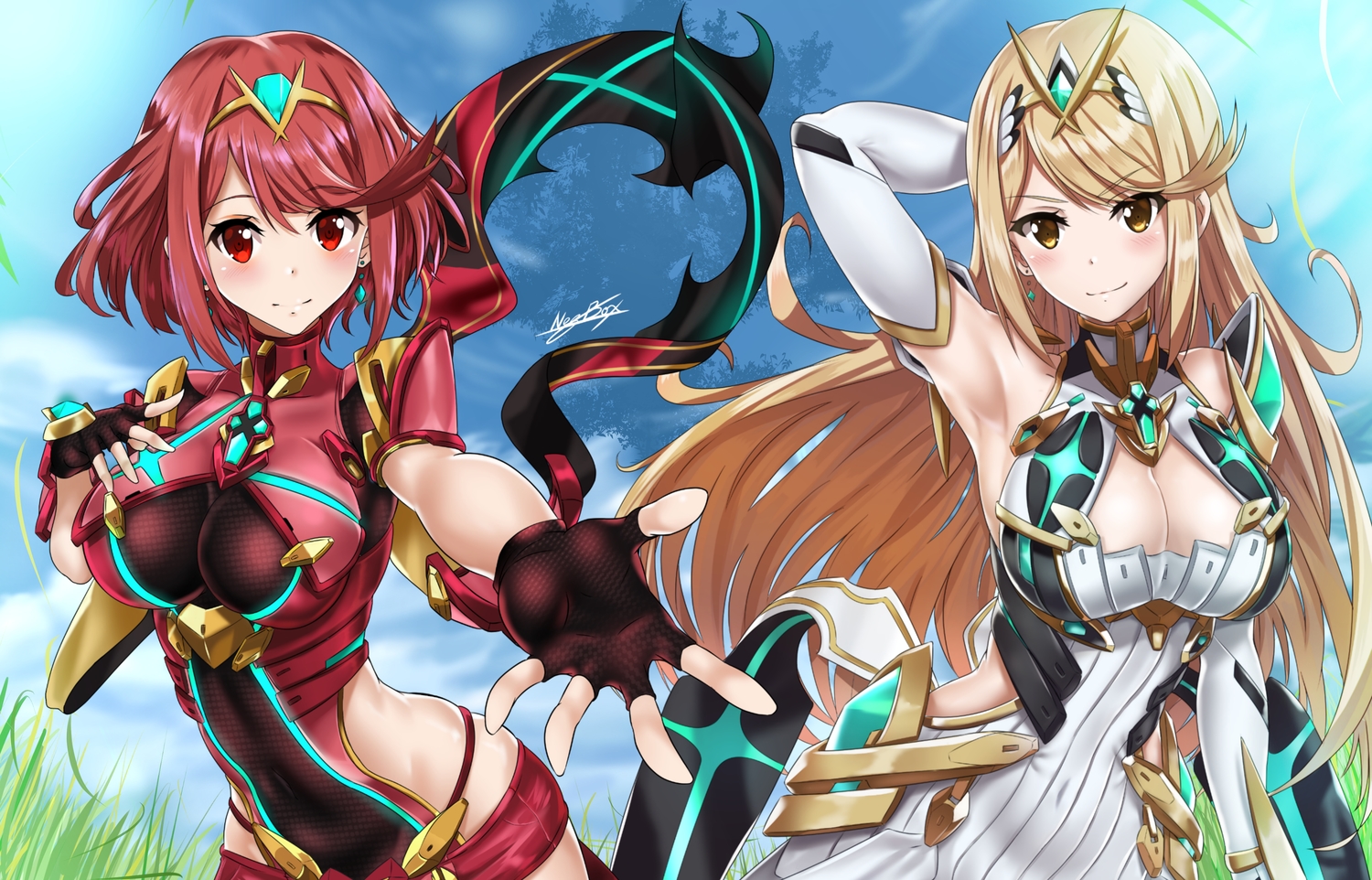 2girls, armor, blonde_hair, blush, bodysuit, breasts, cleavage, clouds, dress, gloves, hikari_(xenoblade), homura_(xenoblade), long_hair, nez-kun, red_eyes, red_hair, short_hair, signed, sky, xenoblade, yellow_eyes
