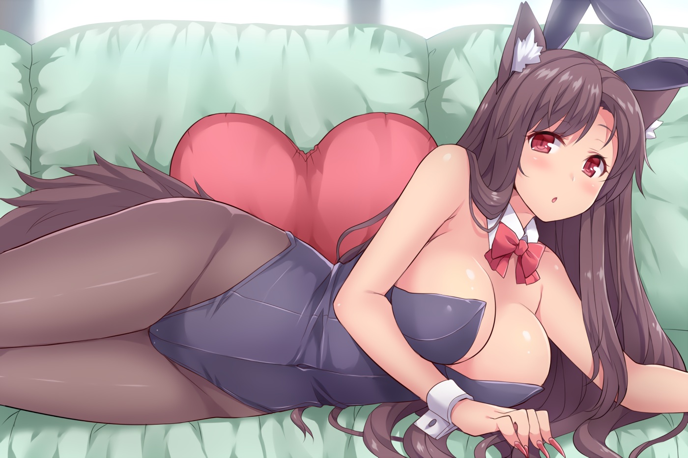 amane_hasuhito, animal_ears, bodysuit, bow, breasts, brown_hair, bunny_ears, bunnygirl, cleavage, collar, cosplay, couch, imaizumi_kagerou, leotard, long_hair, pantyhose, red_eyes, tail, touhou, waifu2x, wolfgirl, wristwear