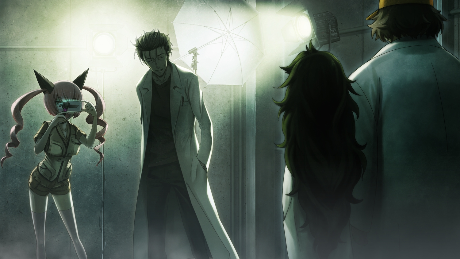 brown_hair, camera, faris_nyannyan, game_cg, group, hashida_itaru, hat, hiyajou_maho, huke, long_hair, male, okabe_rintarou, pink_hair, short_hair, shorts, steins;gate, steins;gate_zero, thighhighs, twintails