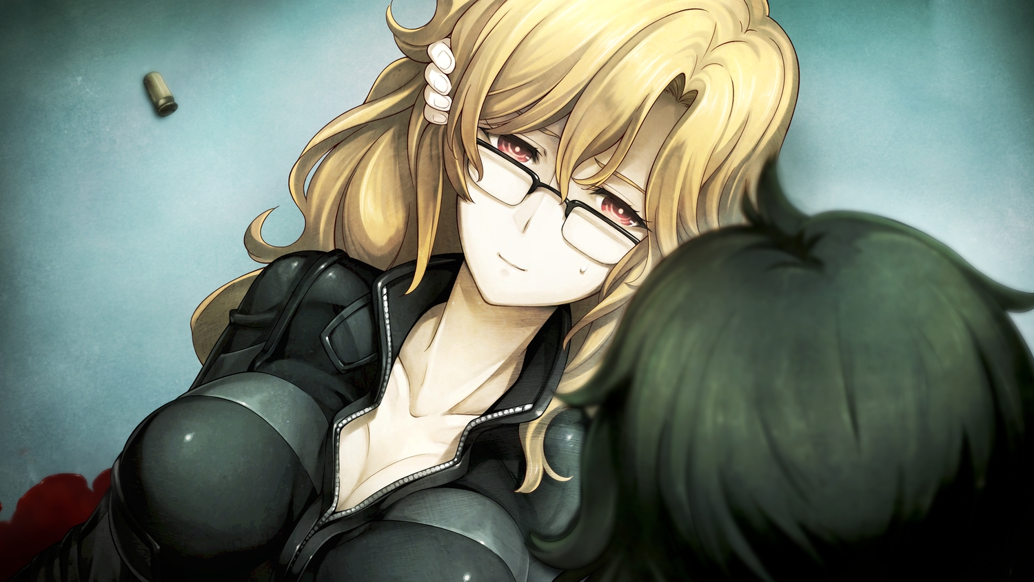 blonde_hair, blood, breasts, game_cg, glasses, hiyajou_maho, huke, kiryuu_moeka