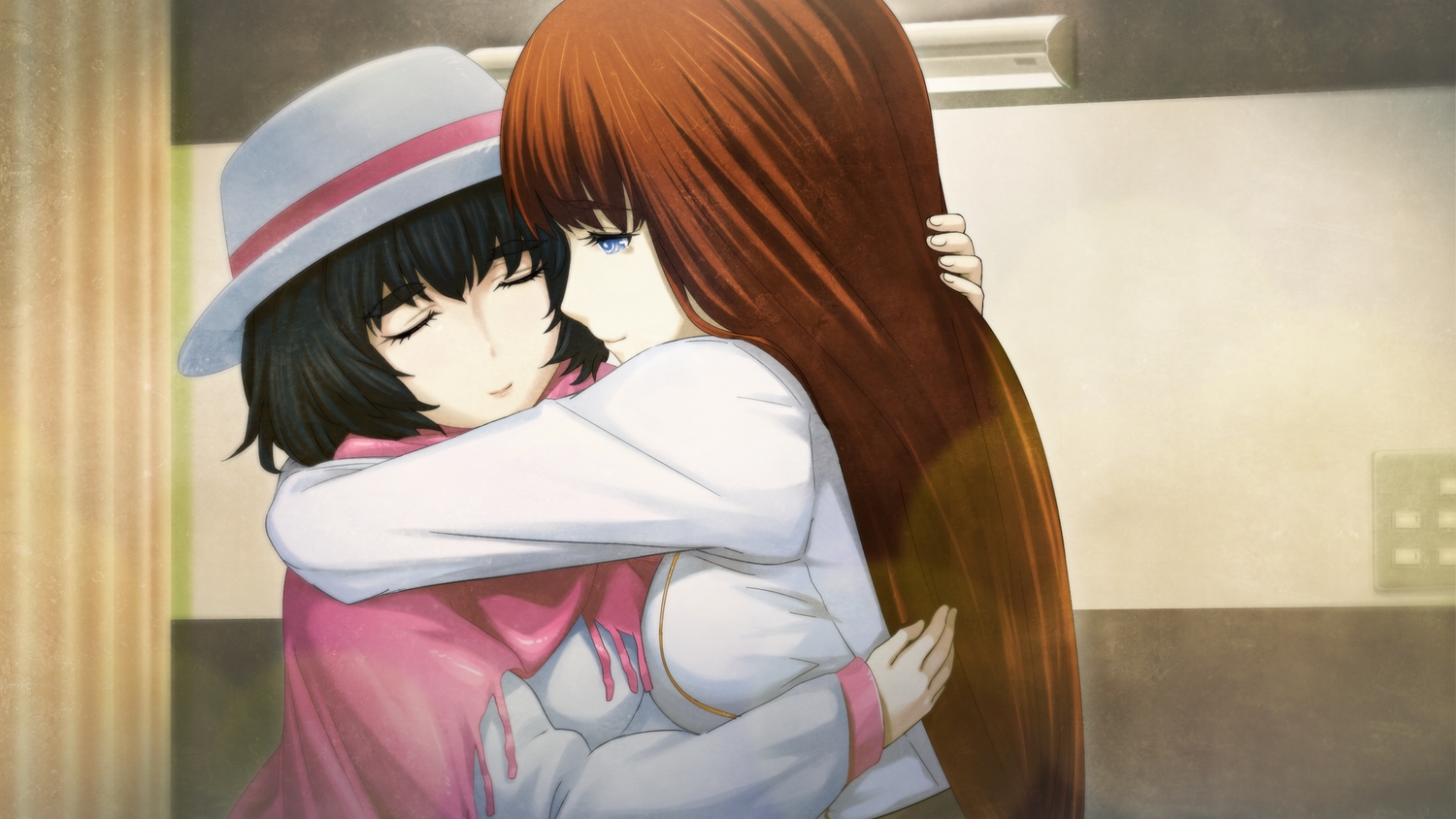 2girls, aqua_eyes, black_hair, brown_hair, game_cg, hat, hug, huke