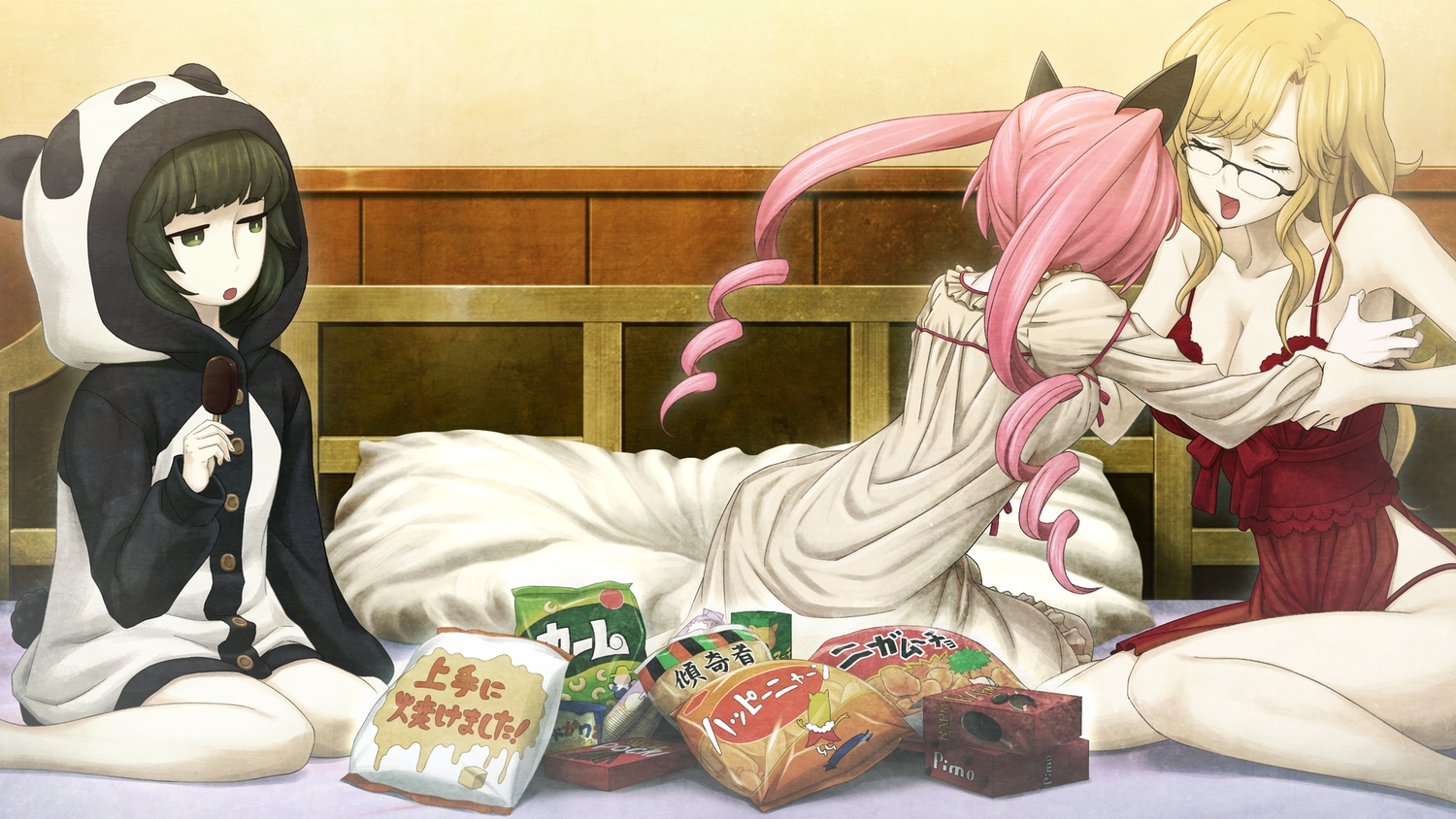 blonde_hair, breasts, dress, faris_nyannyan, food, game_cg, glasses, green_eyes