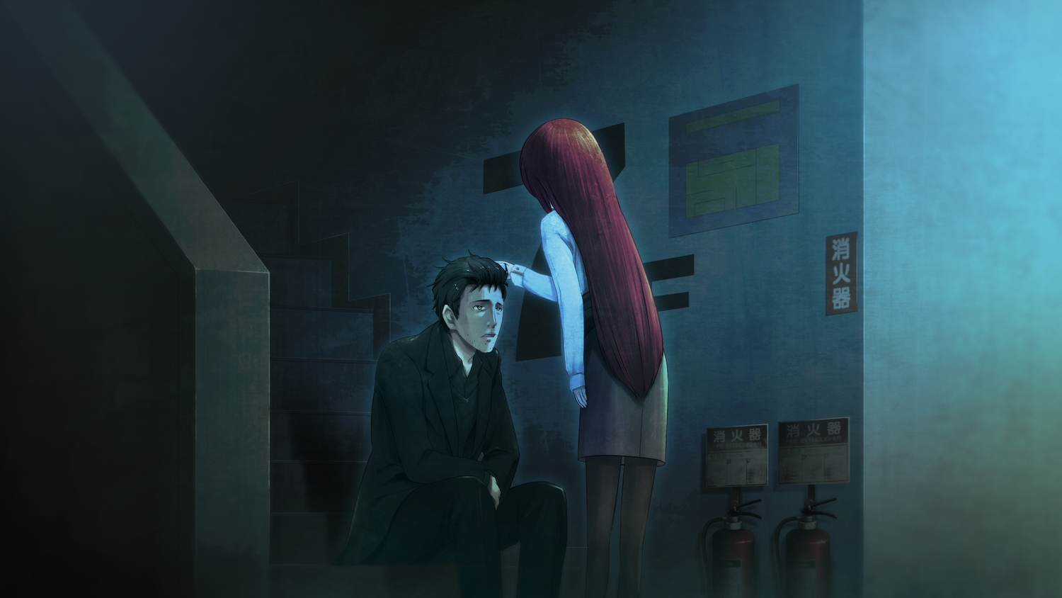black_hair, game_cg, huke, okabe_rintarou, pantyhose, shiina_kagari, short_hair, skirt