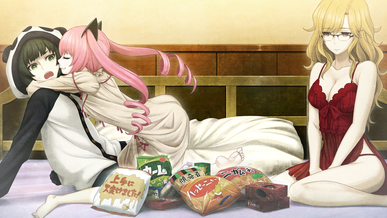 blonde_hair, breasts, dress, faris_nyannyan, food, game_cg, glasses, green_eyes, green_hair, hiyajou_maho, huke, kiryuu_moeka, long_hair, pink_hair, short_hair, steins;gate, steins;gate_zero, twintails