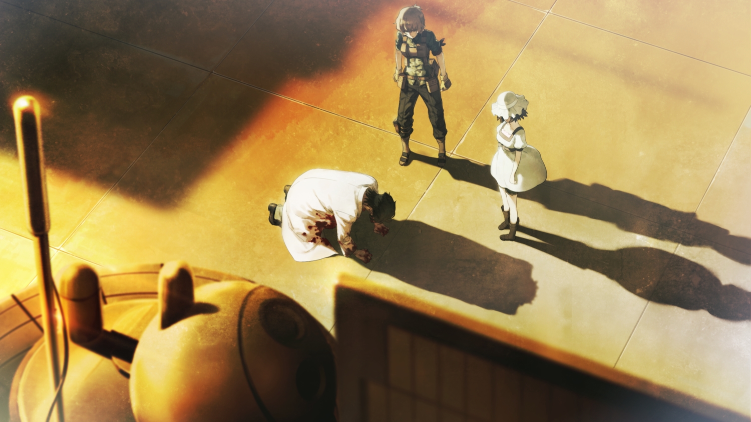 amane_suzuha, blood, boots, brown_hair, dress, game_cg, hat, huke