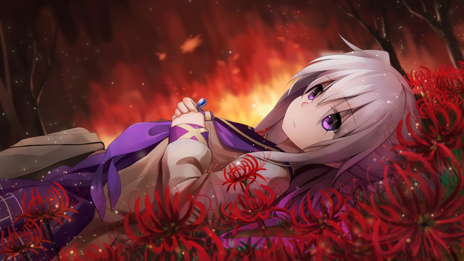 anthropomorphism, fire, flowers, gray_hair, long_hair, purple_eyes, school_uniform, skirt, tree, xiaoyin_li, yukikaze_(zhanjian_shaonu), zhanjian_shaonu