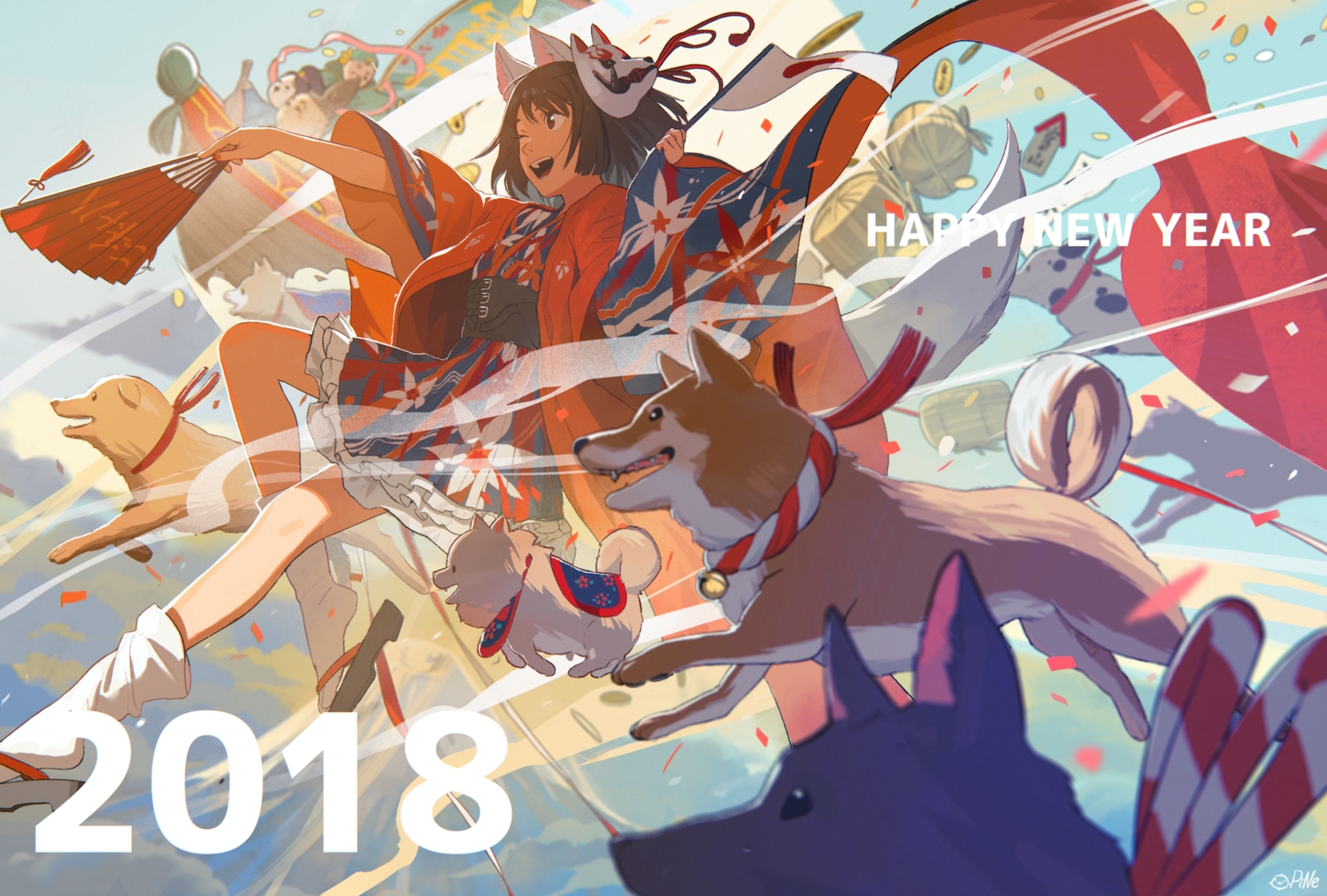animal, boat, brown_eyes, brown_hair, dog, fan, japanese_clothes, mask