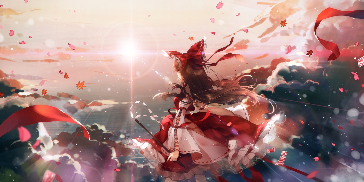 bow, brown_eyes, brown_hair, clouds, hakurei_reimu, japanese_clothes, leaves, long_hair