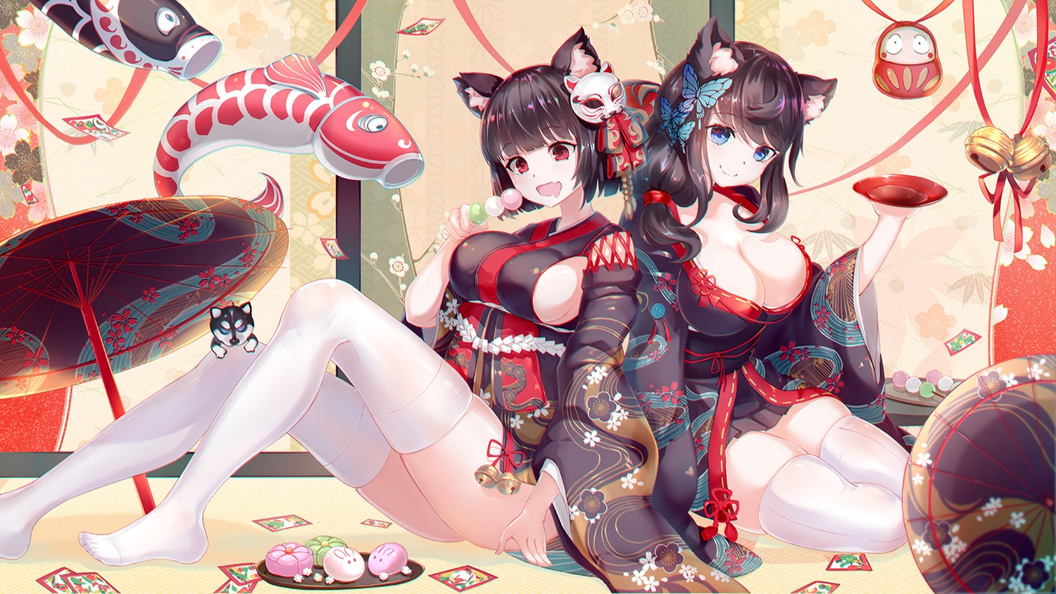 2girls, animal, animal_ears, anthropomorphism, aqua_eyes, asanogawa_(tutufcc), azur_lane, bell