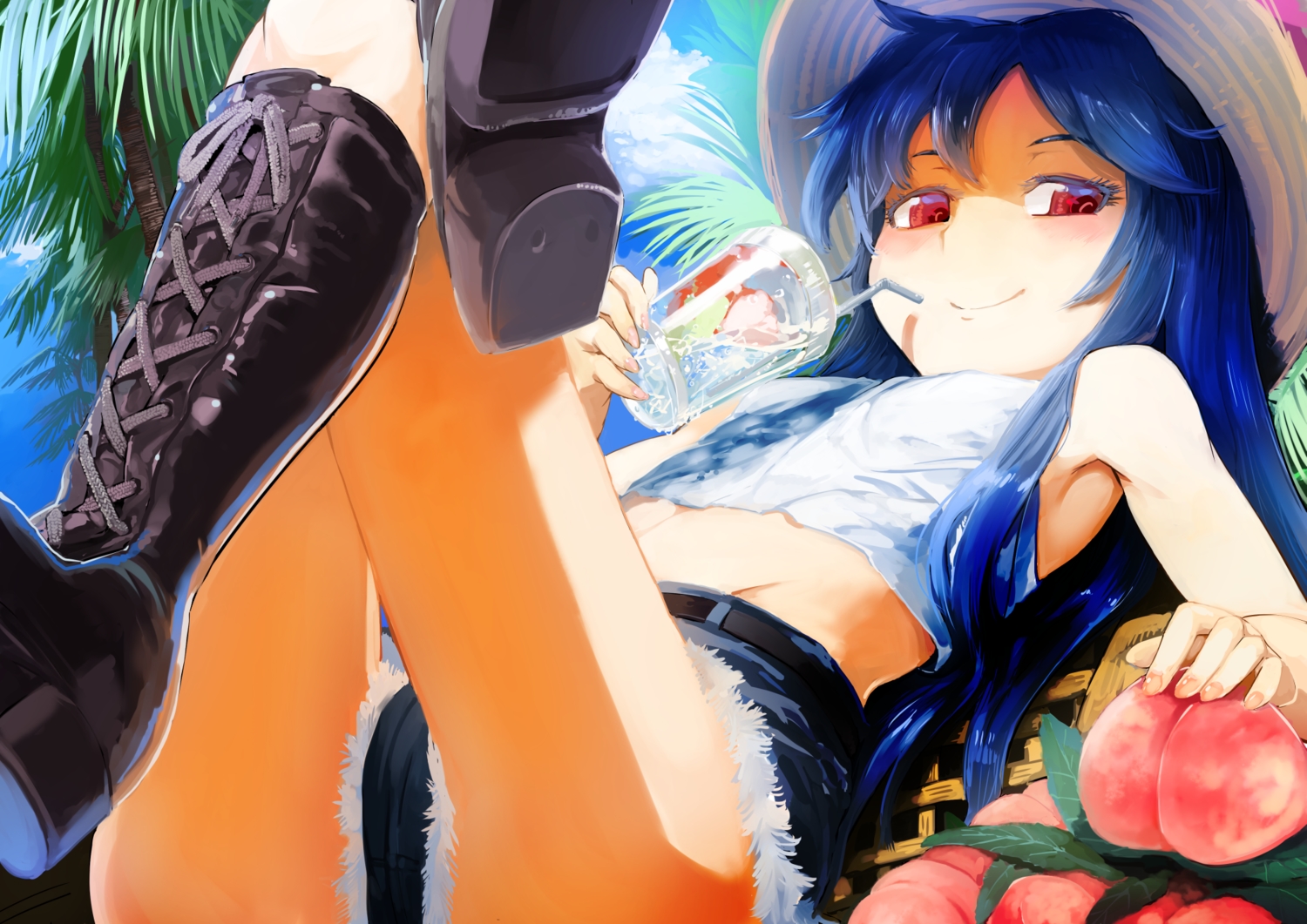 blue_hair, boots, clouds, drink, flat_chest, food, fruit, hat