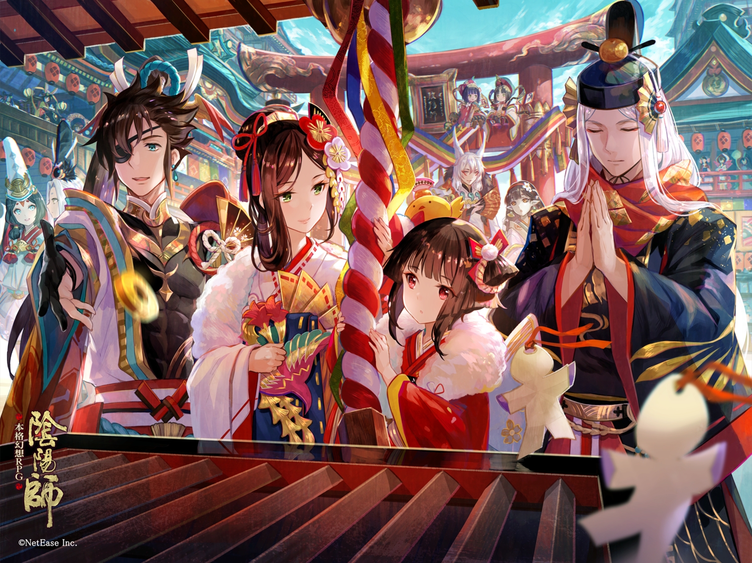 abe_no_seimei_(onmyouji), animal_ears, aqua_eyes, brown_eyes, brown_hair, clouds, doujo_(onmyouji), fang, festival, flowers, fuji_choko, green_eyes, headband, kagura_(onmyouji), kochou_no_sei_(onmyouji), kuro_douji_(onmyouji), kyonshii_imouto_(onmyouji), logo, loli, long_hair, male, minamoto_no_hiromasa_(onmyouji), momo_no_sei_(onmyouji), onmyouji, red_eyes, sakura_no_sei_(onmyouji), shiro_douji_(onmyouji), short_hair, shrine, sky, tattoo, torii, white_hair, yaobikuni_(omnyouji), youko_(onmyouji)