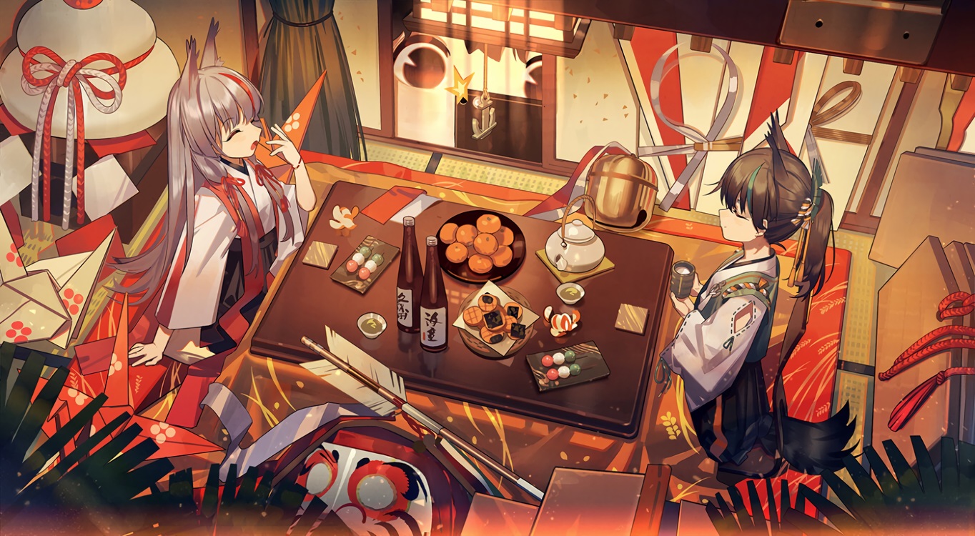 2girls, anthropomorphism, azur_lane, brown_hair, drink, food, fruit, gray_hair, japanese_clothes, kamikaze_(azur_lane), kotatsu, long_hair, matsukaze_(azur_lane), orange_(fruit), ponytail, sake, zicai_tang
